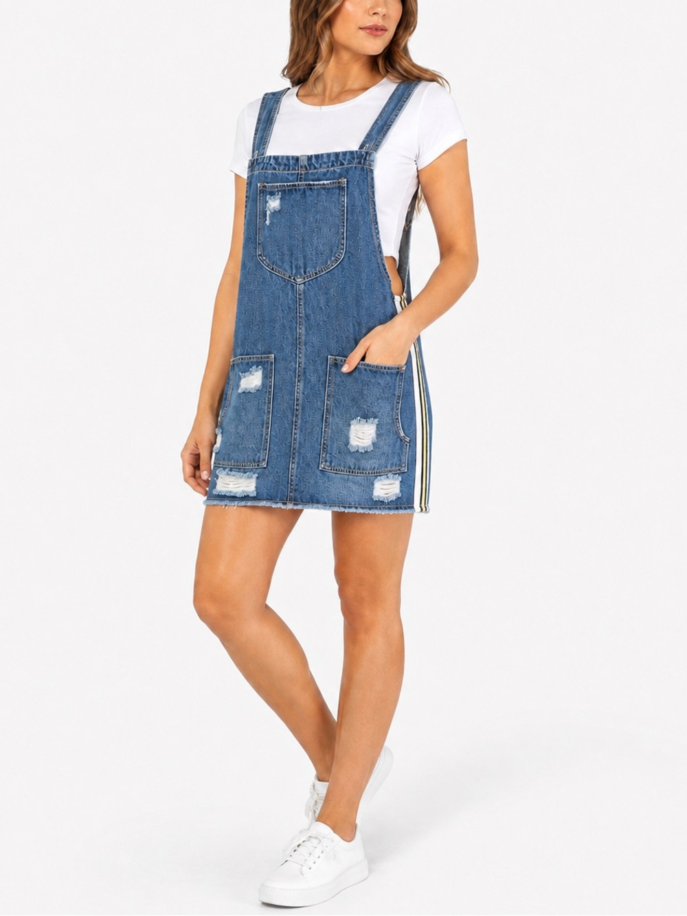 Dance & Marvel Distressed Denim Overall Mini Dress Size Large Striped Sides
